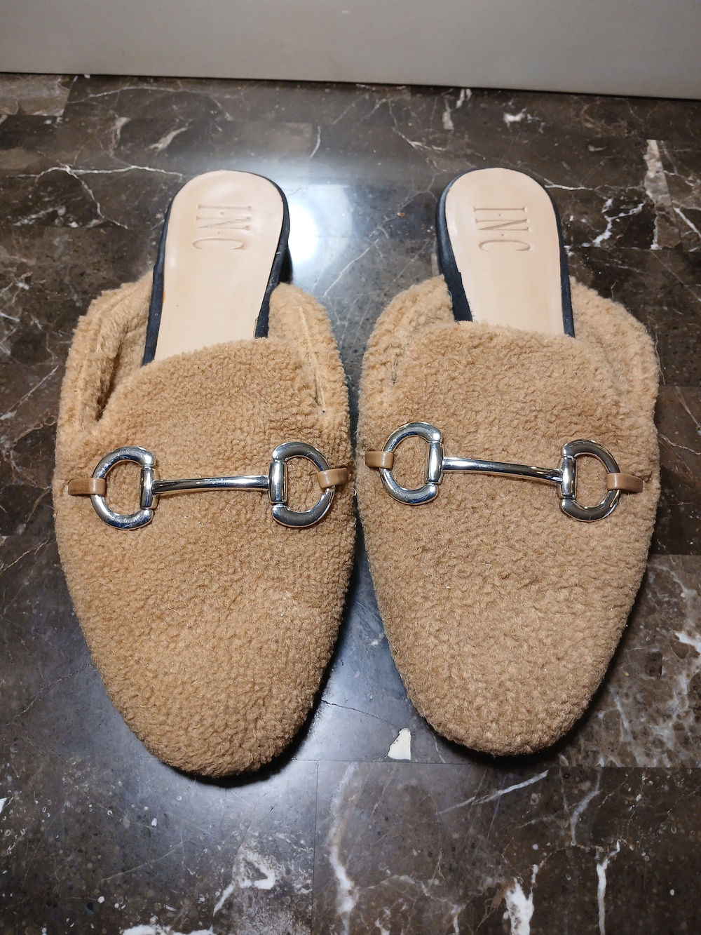 INC International Concepts Tan Faux Sherpa Mule Slides with Silver Bit Detail